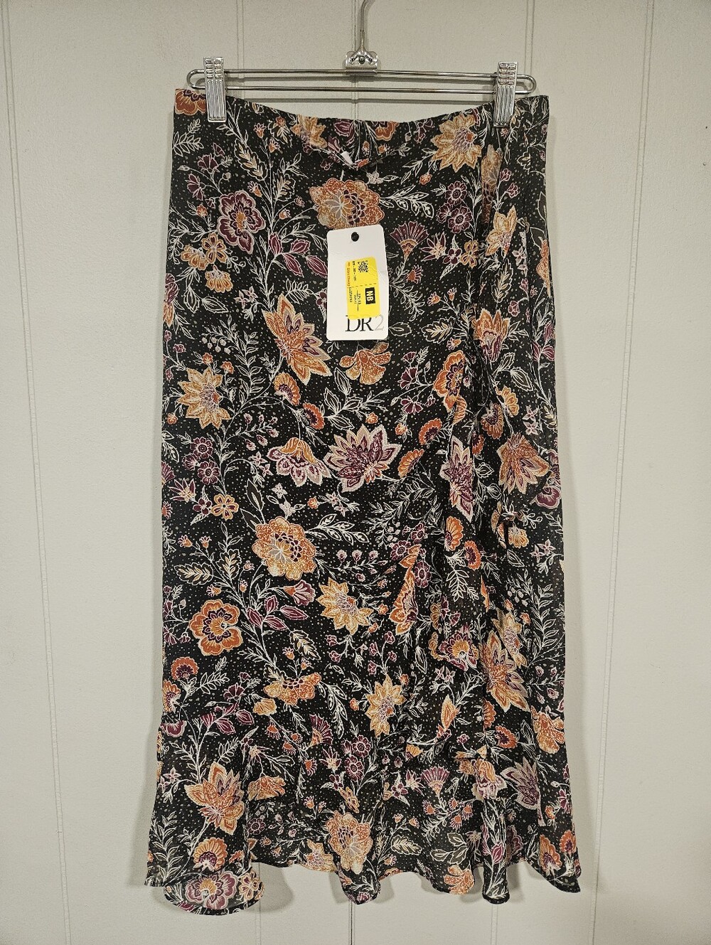 DR2 Women's Black Floral Print Skirt Size Small Layered Lined Asymmetrical NWT